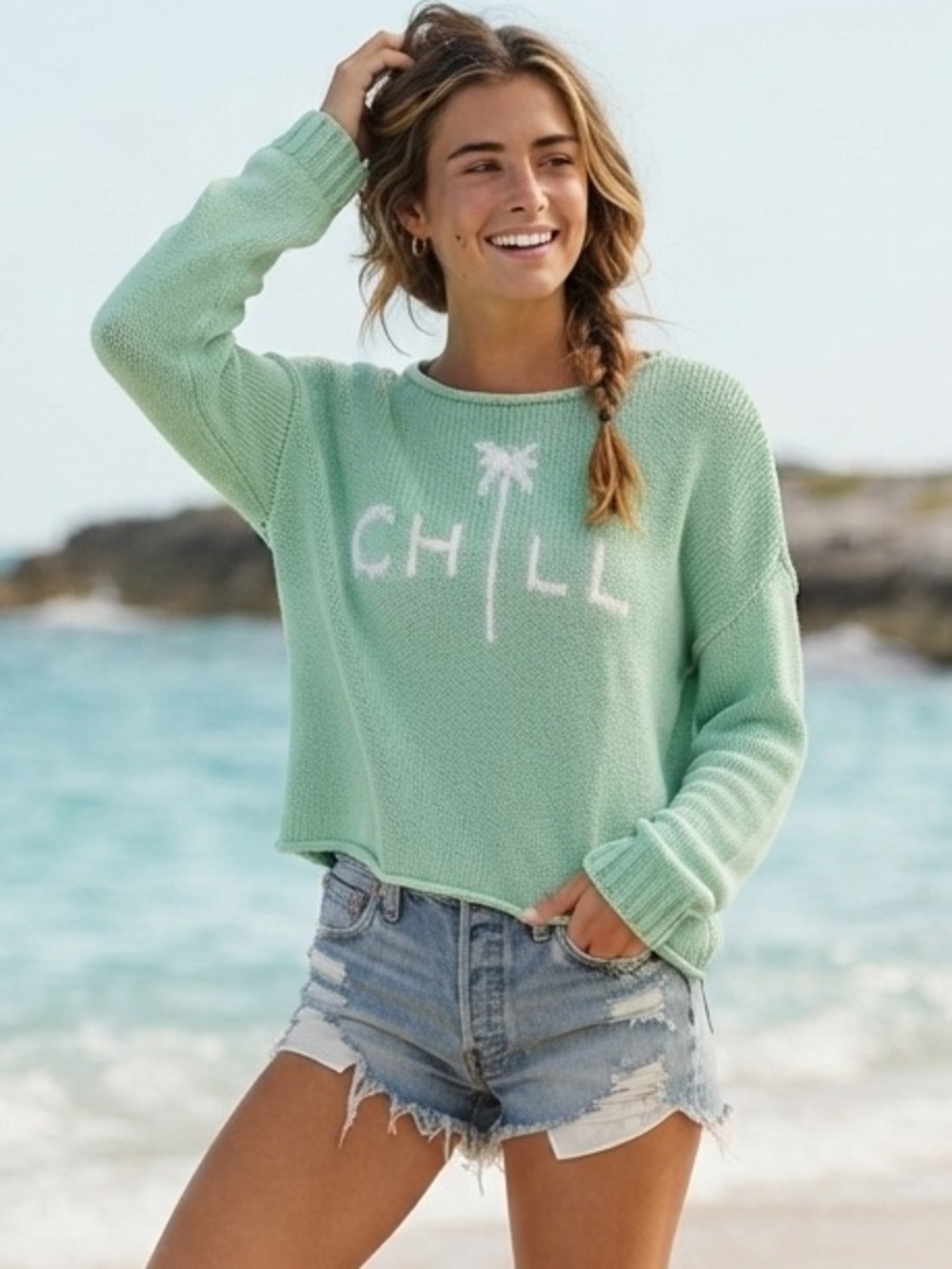 WOODEN SHIPS M/L 10/12 CHILL PALM TREE SUMMER KNIT SWEATER